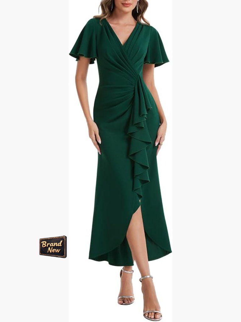 V-Neck Short Sleeve Stretchy Formal Maxi Bodycon Dress